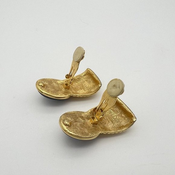 Vintage 80s Gold Curved Large Black Cabochon Statement Clip On Earrings - Picture 9 of 10